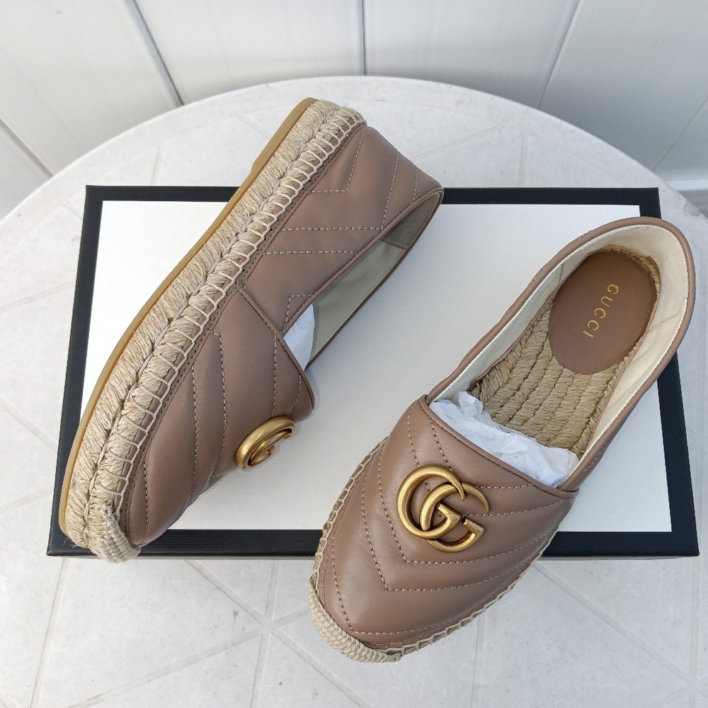 NEW GUCCI DOUBLE GG LOGO ESPADRILLES MARMONT MATELASSE LEATHER SZ 35 - Picture 4 of 14